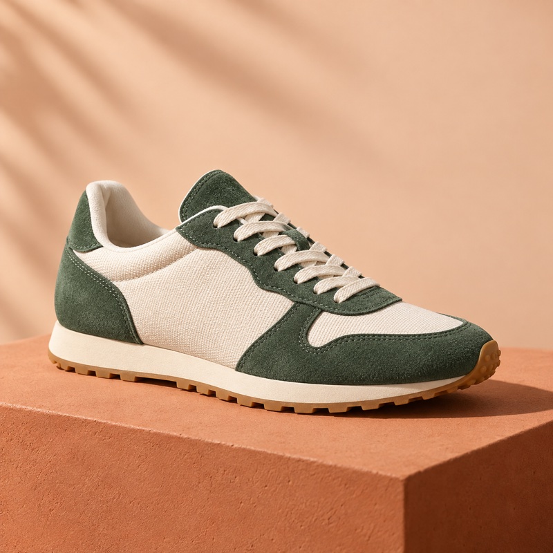 Cream and green sneaker photographed on a terracotta display for the example ad